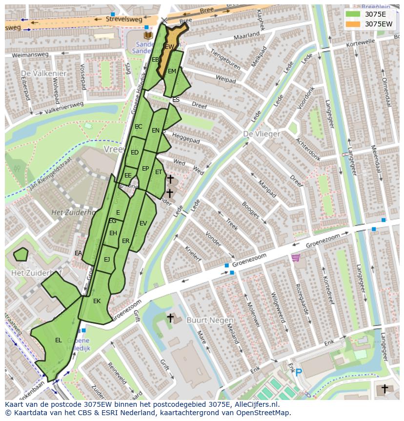 Afbeelding van het postcodegebied 3075 EW op de kaart.