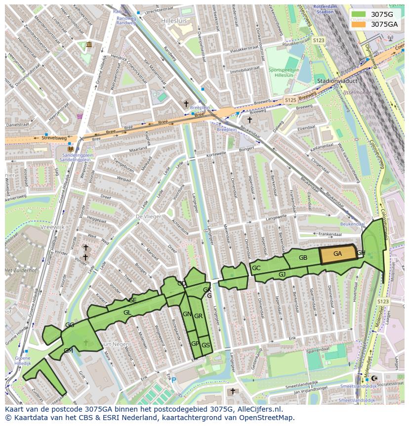 Afbeelding van het postcodegebied 3075 GA op de kaart.