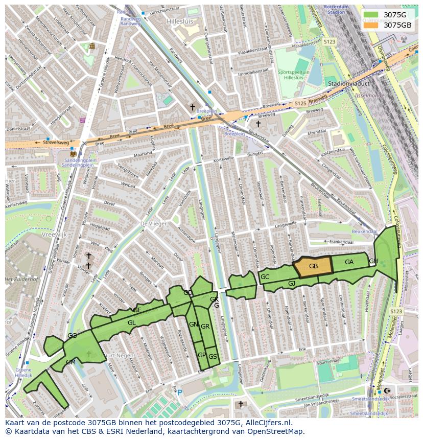 Afbeelding van het postcodegebied 3075 GB op de kaart.