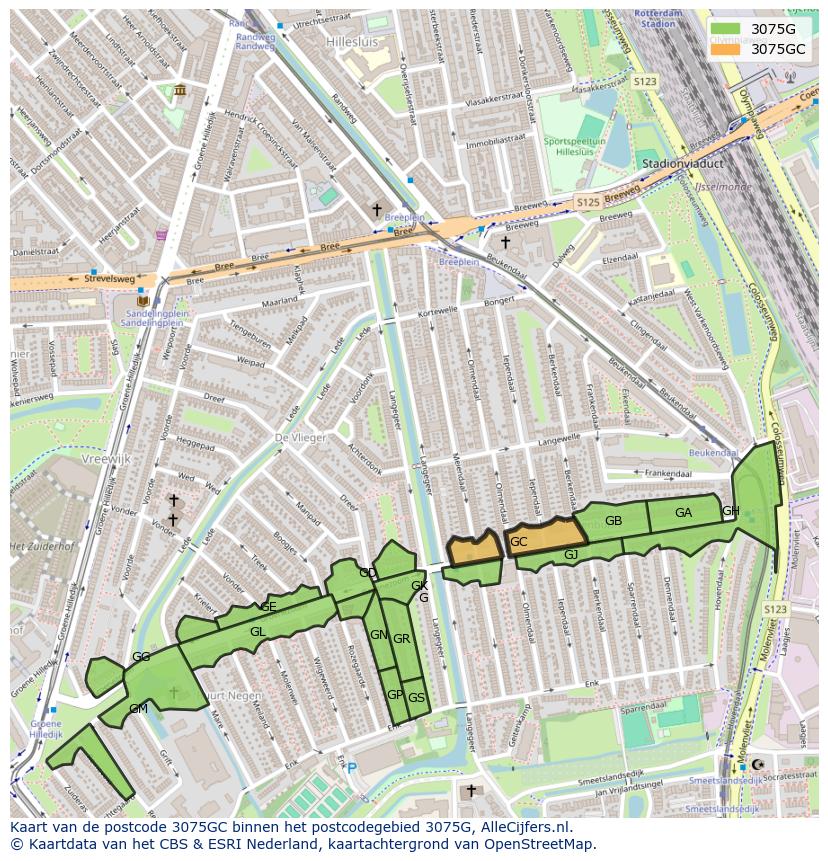 Afbeelding van het postcodegebied 3075 GC op de kaart.