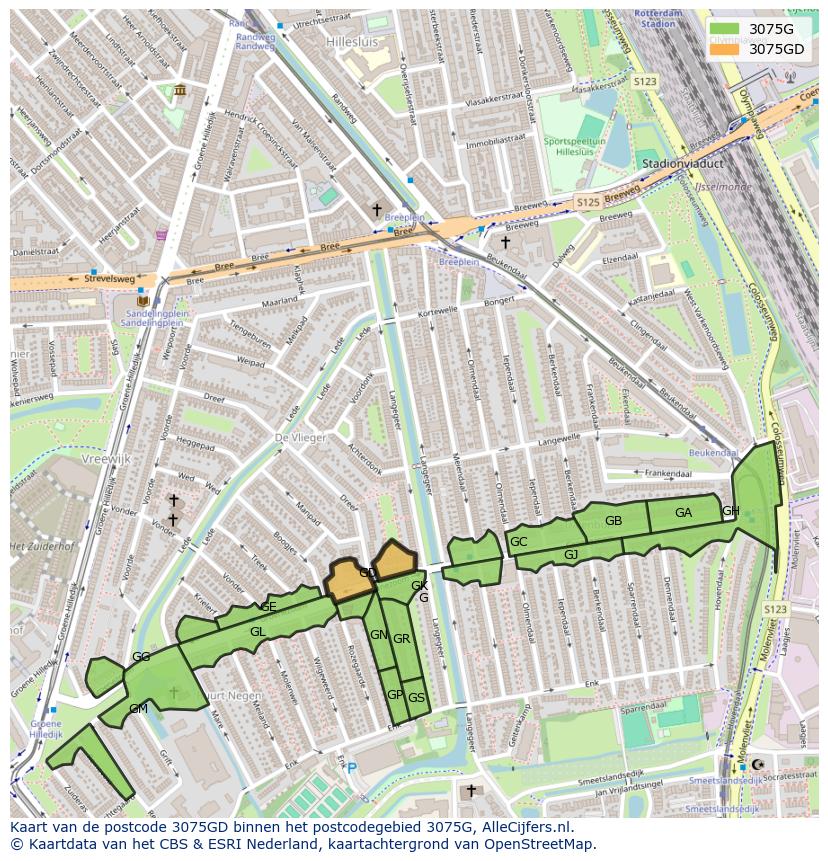 Afbeelding van het postcodegebied 3075 GD op de kaart.
