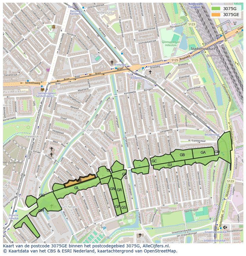 Afbeelding van het postcodegebied 3075 GE op de kaart.