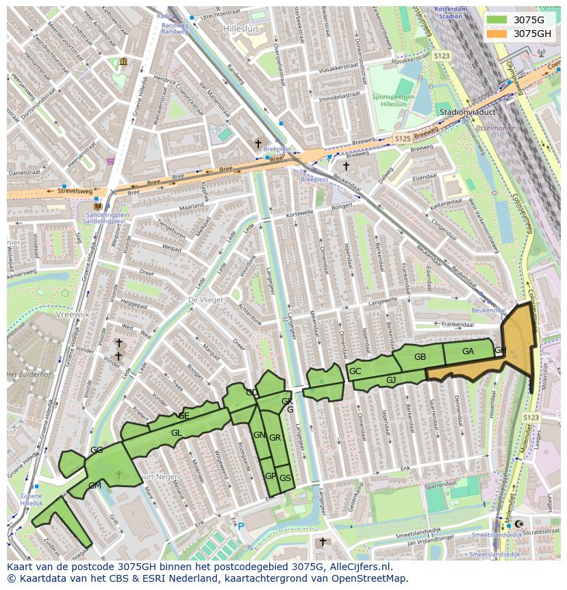 Afbeelding van het postcodegebied 3075 GH op de kaart.