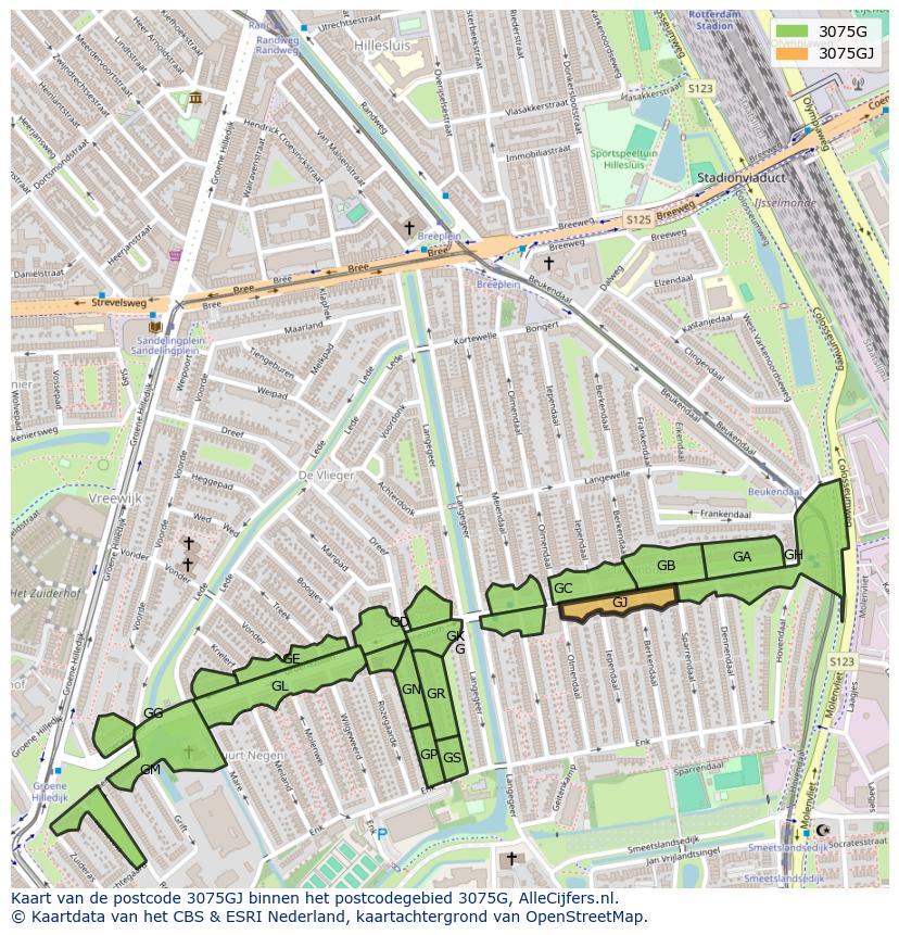 Afbeelding van het postcodegebied 3075 GJ op de kaart.