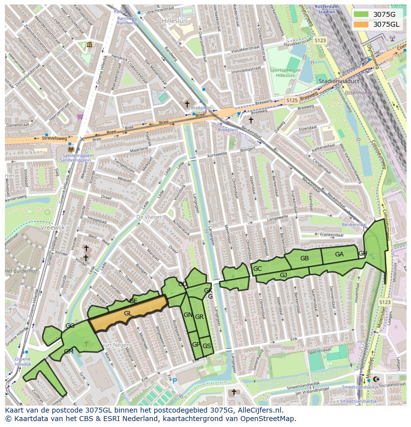Afbeelding van het postcodegebied 3075 GL op de kaart.