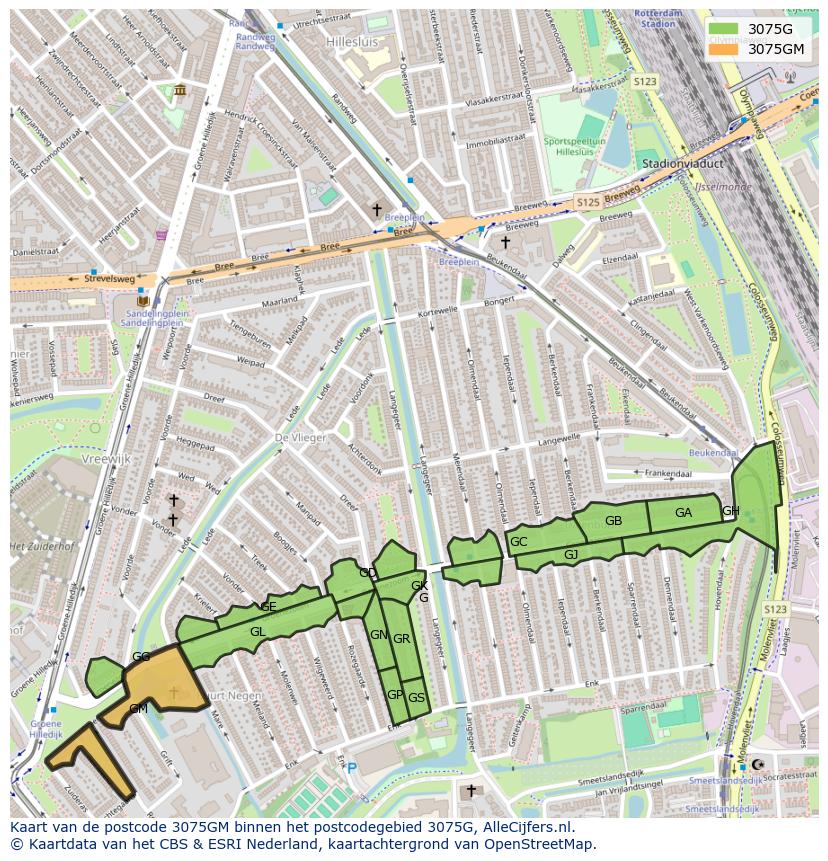 Afbeelding van het postcodegebied 3075 GM op de kaart.