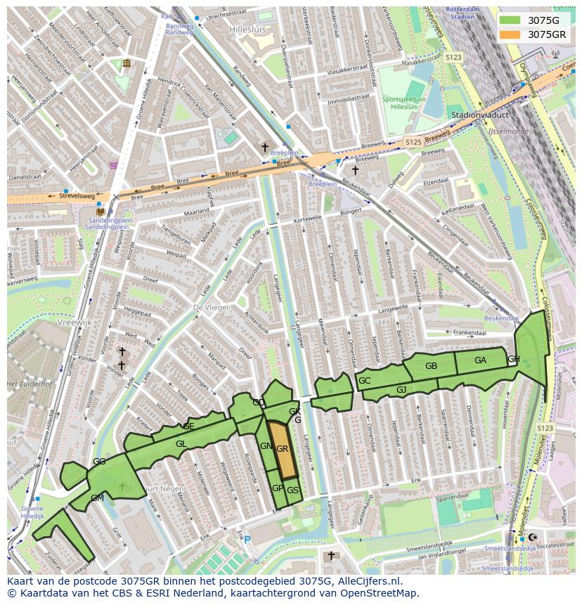 Afbeelding van het postcodegebied 3075 GR op de kaart.