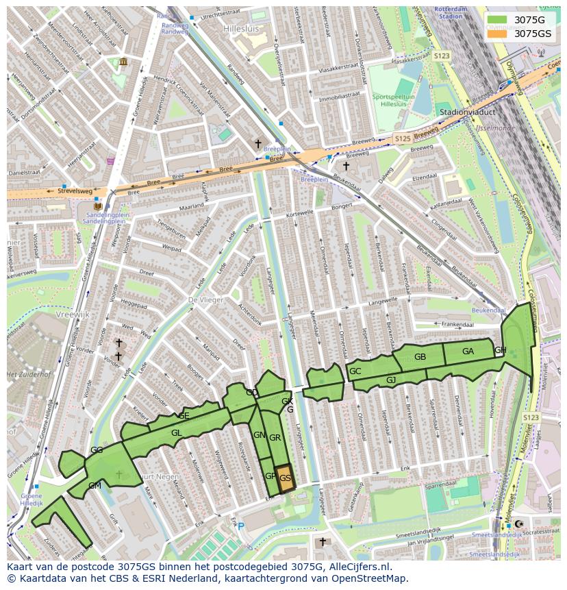 Afbeelding van het postcodegebied 3075 GS op de kaart.
