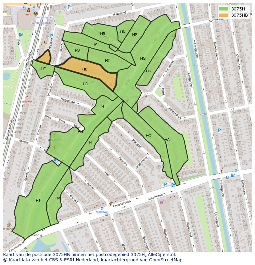 Afbeelding van het postcodegebied 3075 HB op de kaart.