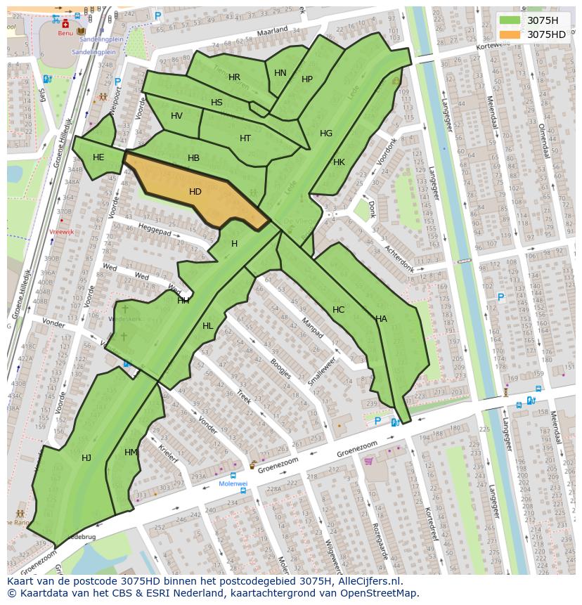 Afbeelding van het postcodegebied 3075 HD op de kaart.