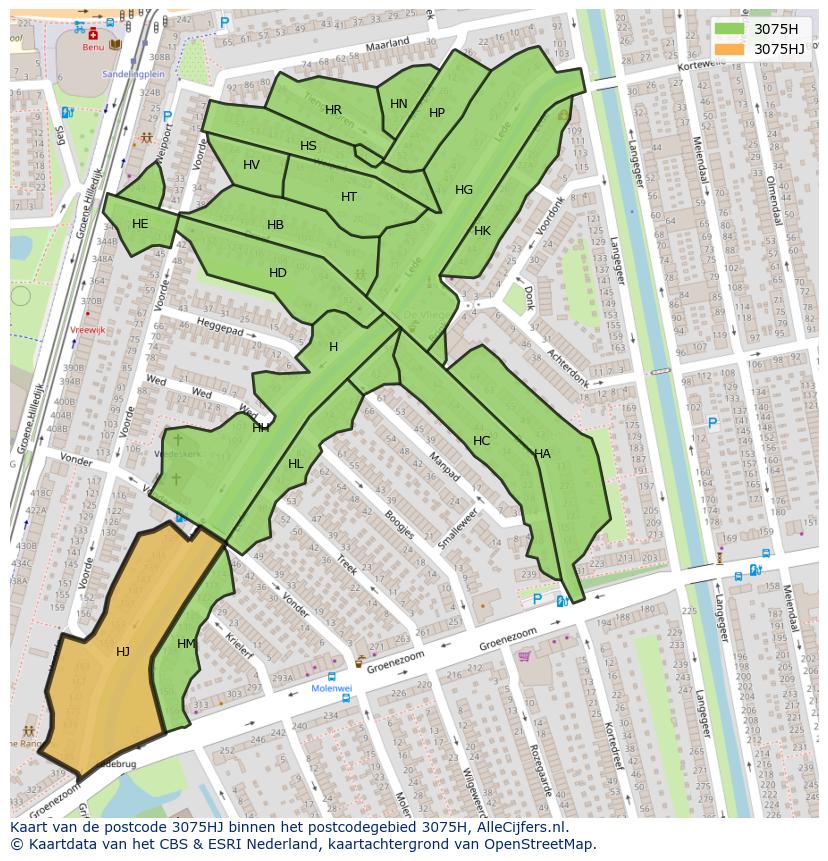 Afbeelding van het postcodegebied 3075 HJ op de kaart.