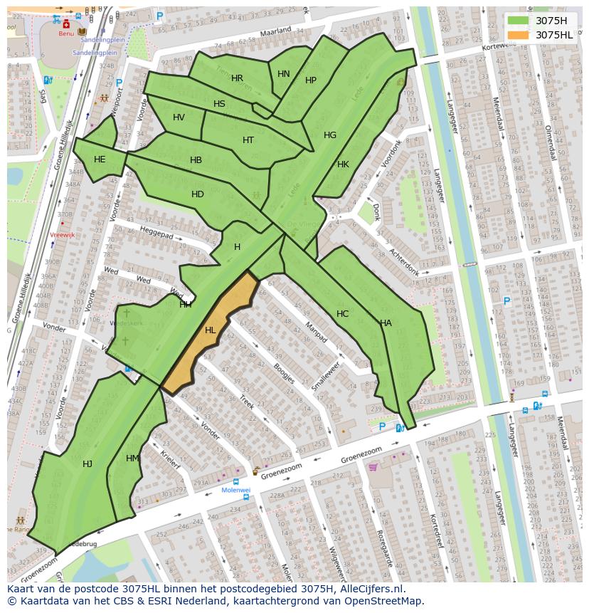 Afbeelding van het postcodegebied 3075 HL op de kaart.