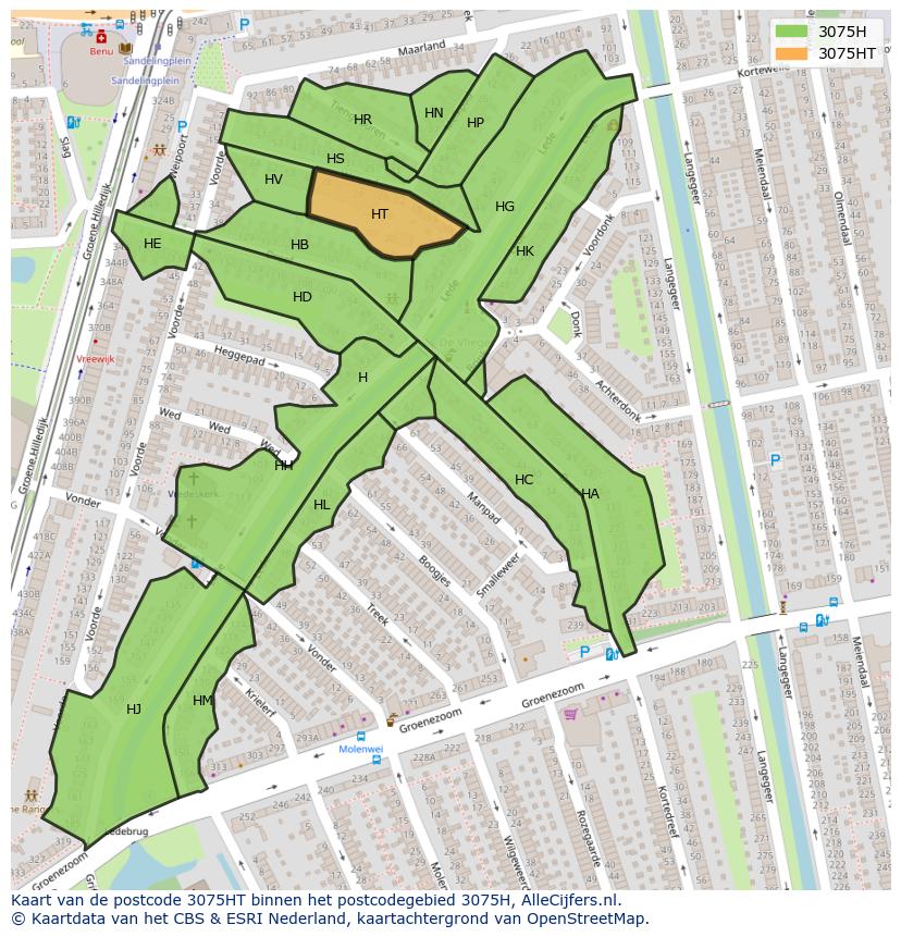 Afbeelding van het postcodegebied 3075 HT op de kaart.