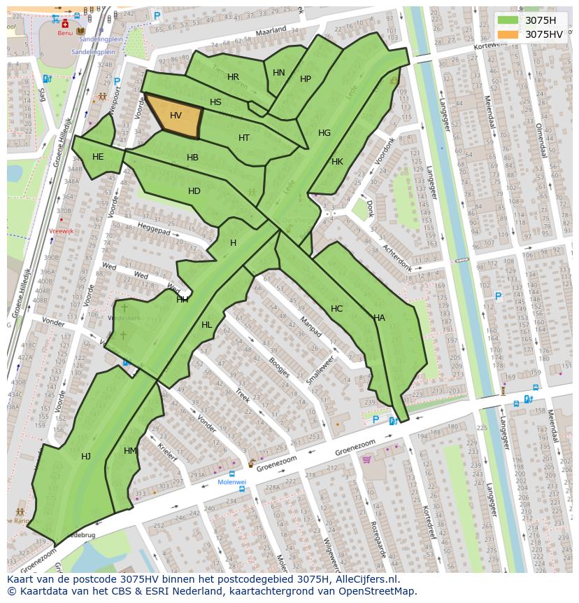 Afbeelding van het postcodegebied 3075 HV op de kaart.