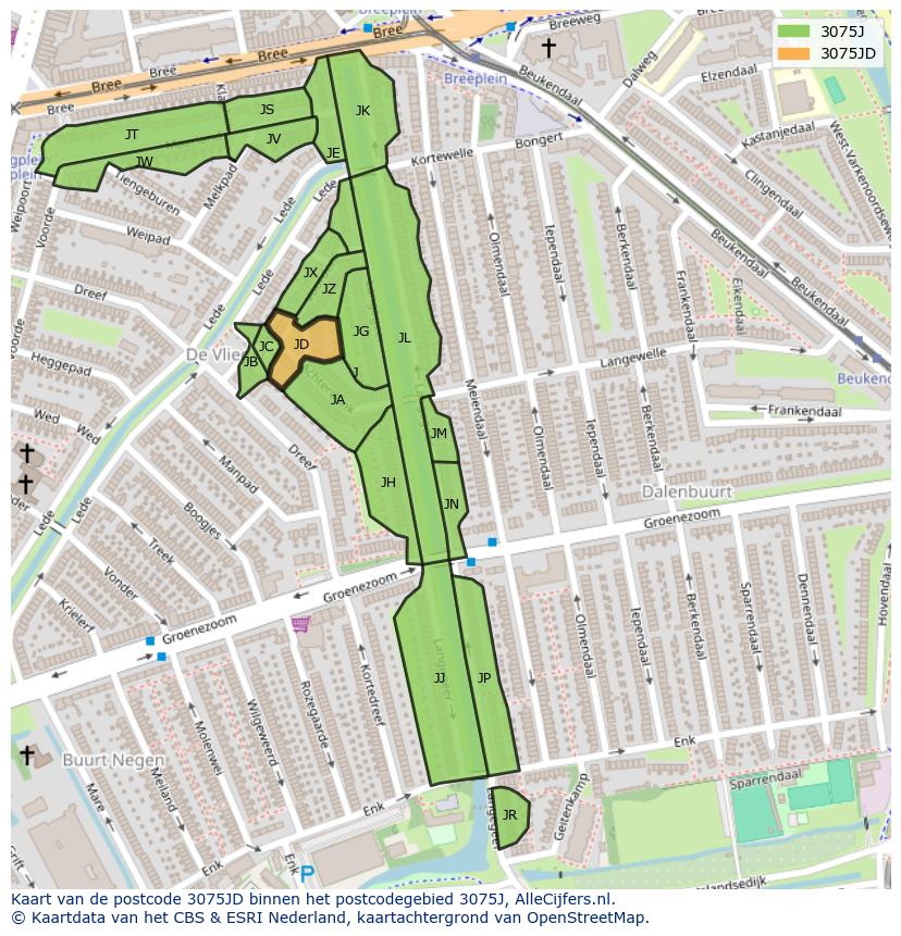 Afbeelding van het postcodegebied 3075 JD op de kaart.
