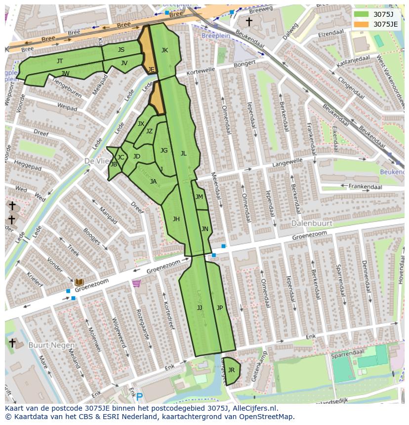 Afbeelding van het postcodegebied 3075 JE op de kaart.