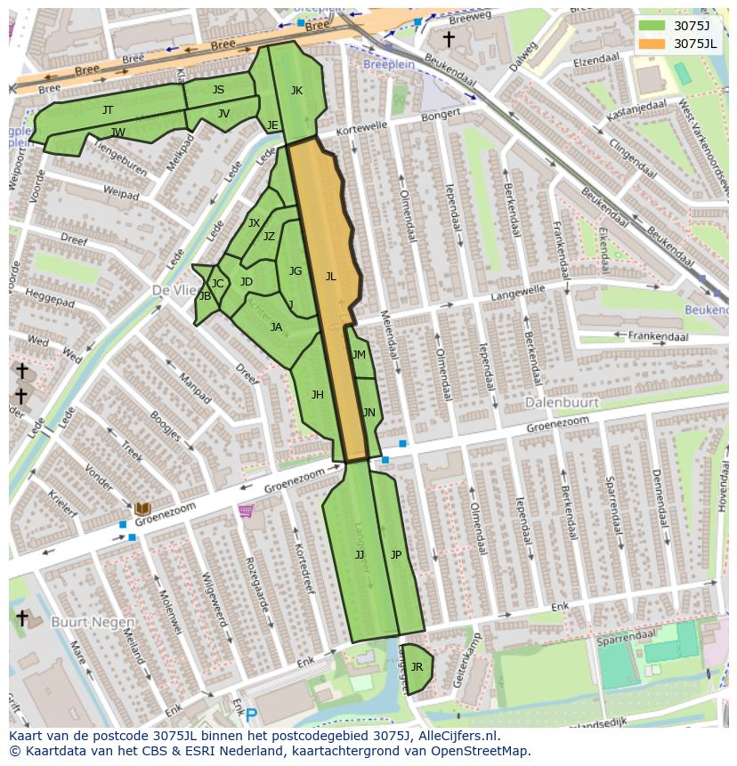 Afbeelding van het postcodegebied 3075 JL op de kaart.