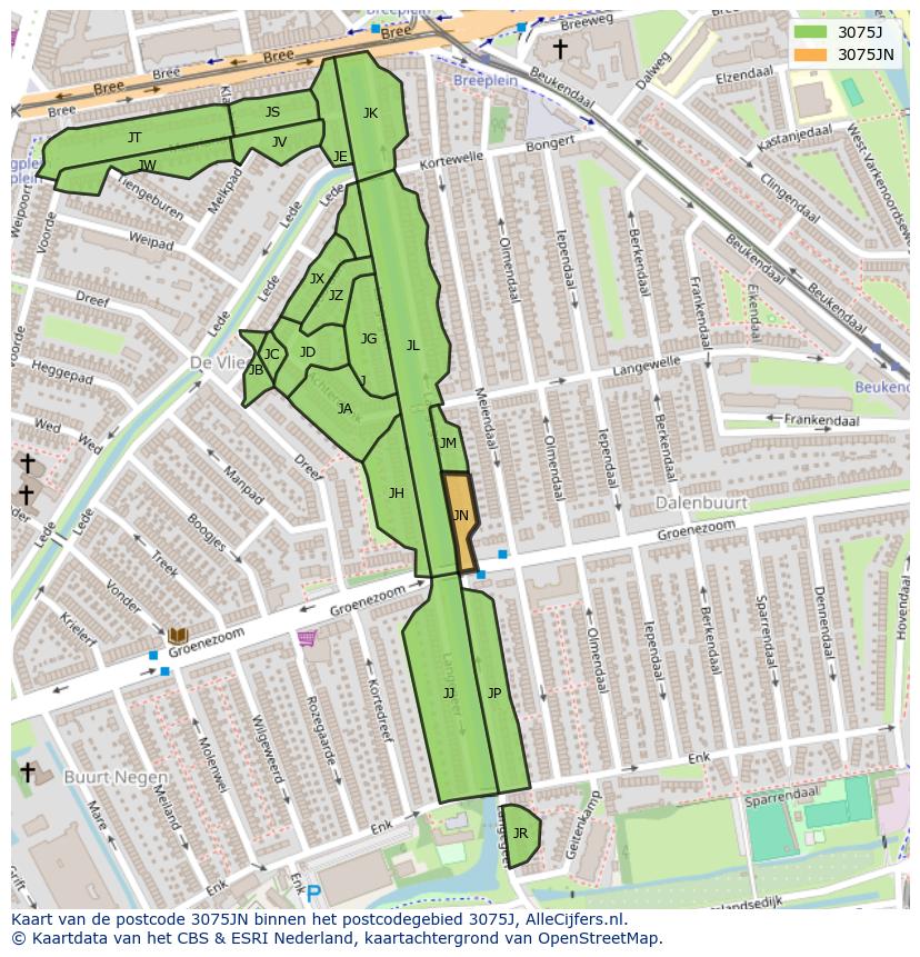 Afbeelding van het postcodegebied 3075 JN op de kaart.