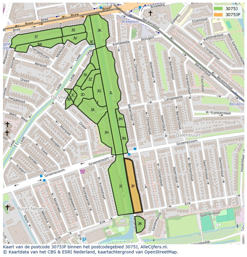 Afbeelding van het postcodegebied 3075 JP op de kaart.