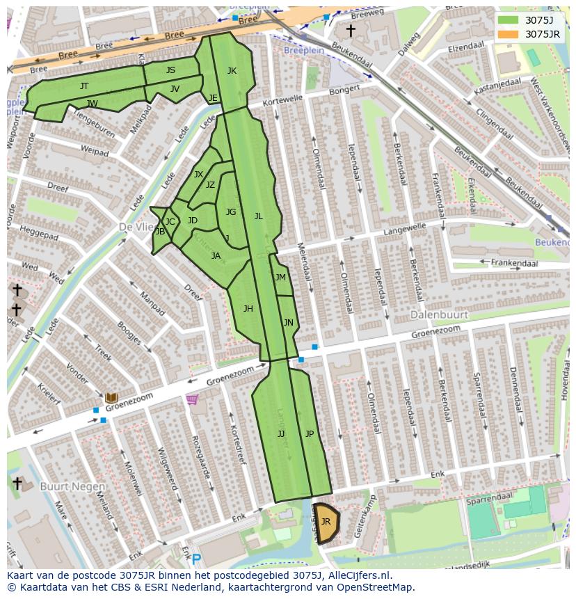 Afbeelding van het postcodegebied 3075 JR op de kaart.
