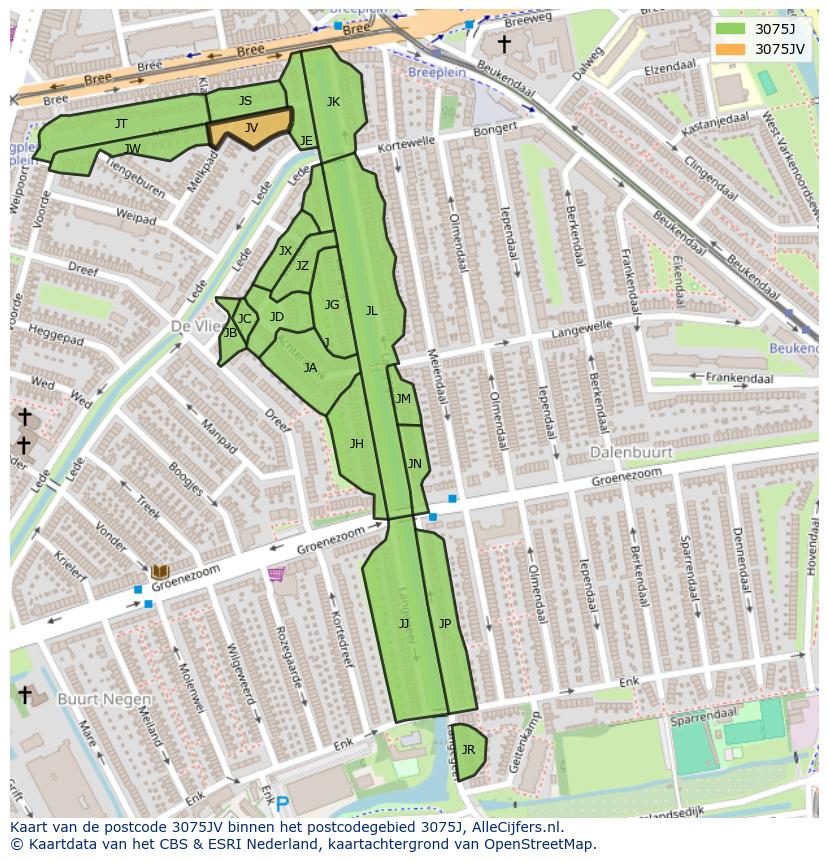 Afbeelding van het postcodegebied 3075 JV op de kaart.