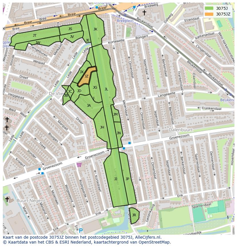 Afbeelding van het postcodegebied 3075 JZ op de kaart.
