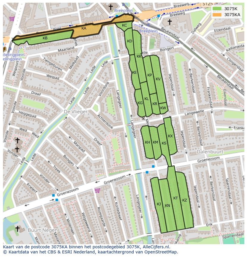 Afbeelding van het postcodegebied 3075 KA op de kaart.