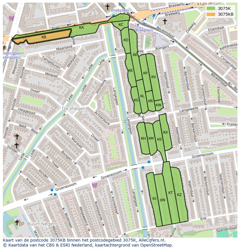 Afbeelding van het postcodegebied 3075 KB op de kaart.