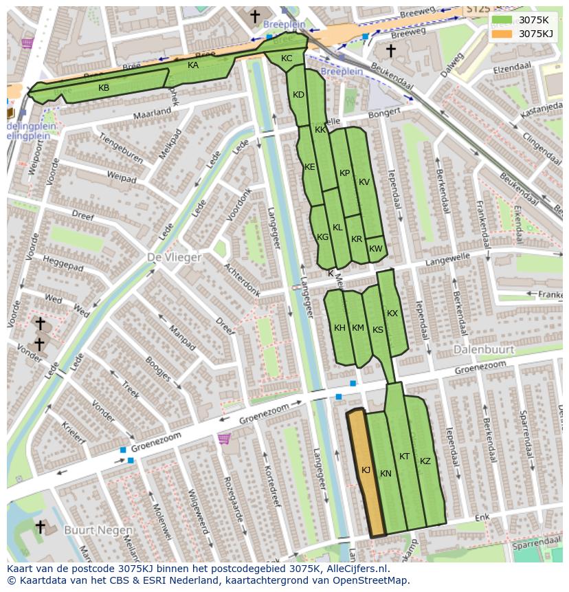 Afbeelding van het postcodegebied 3075 KJ op de kaart.