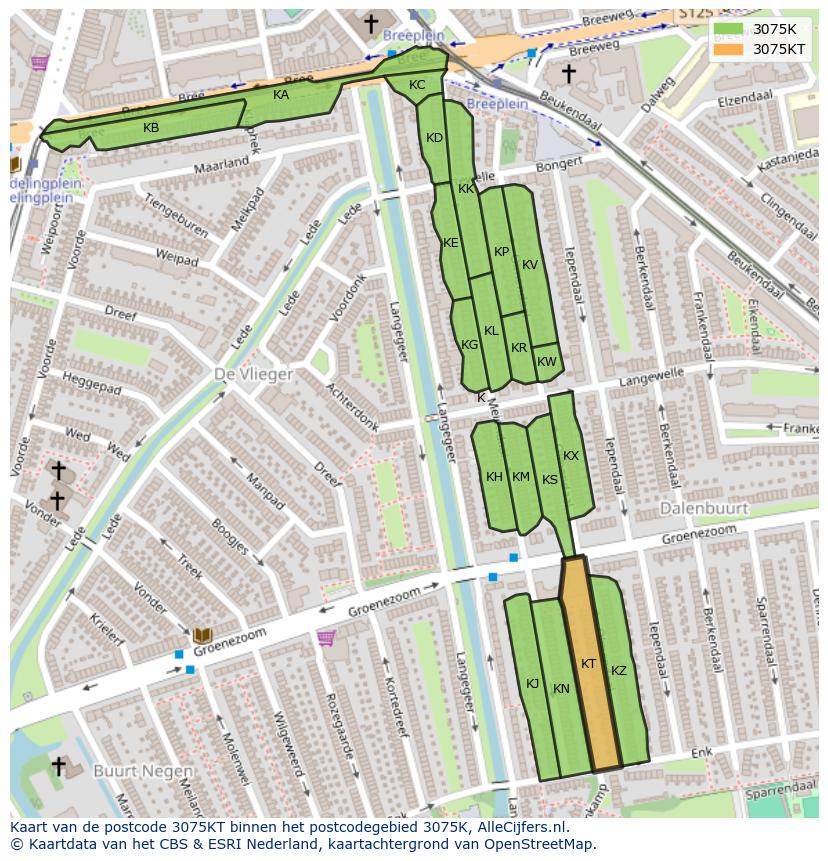 Afbeelding van het postcodegebied 3075 KT op de kaart.