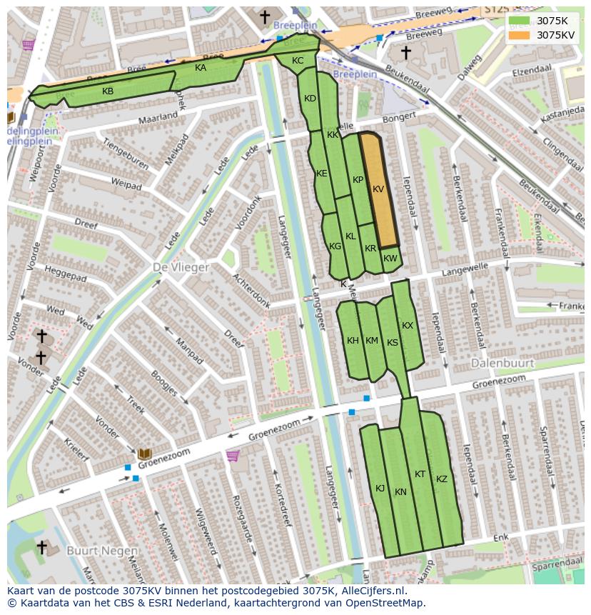 Afbeelding van het postcodegebied 3075 KV op de kaart.