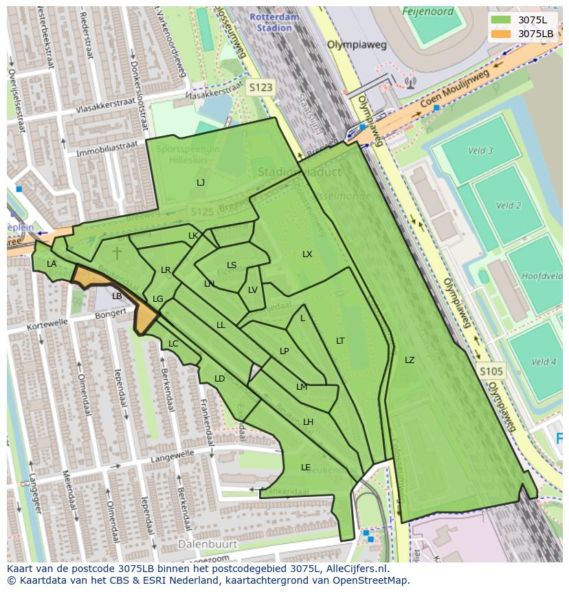 Afbeelding van het postcodegebied 3075 LB op de kaart.