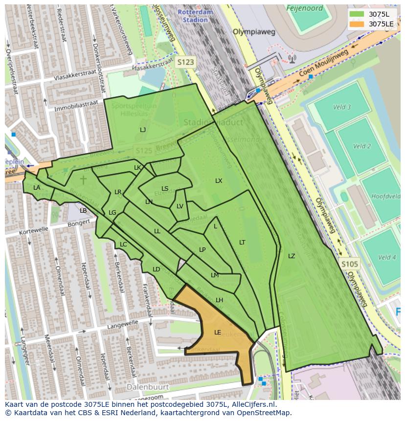 Afbeelding van het postcodegebied 3075 LE op de kaart.