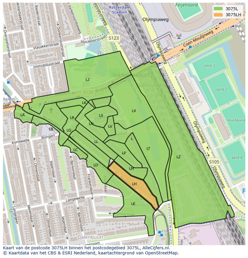 Afbeelding van het postcodegebied 3075 LH op de kaart.