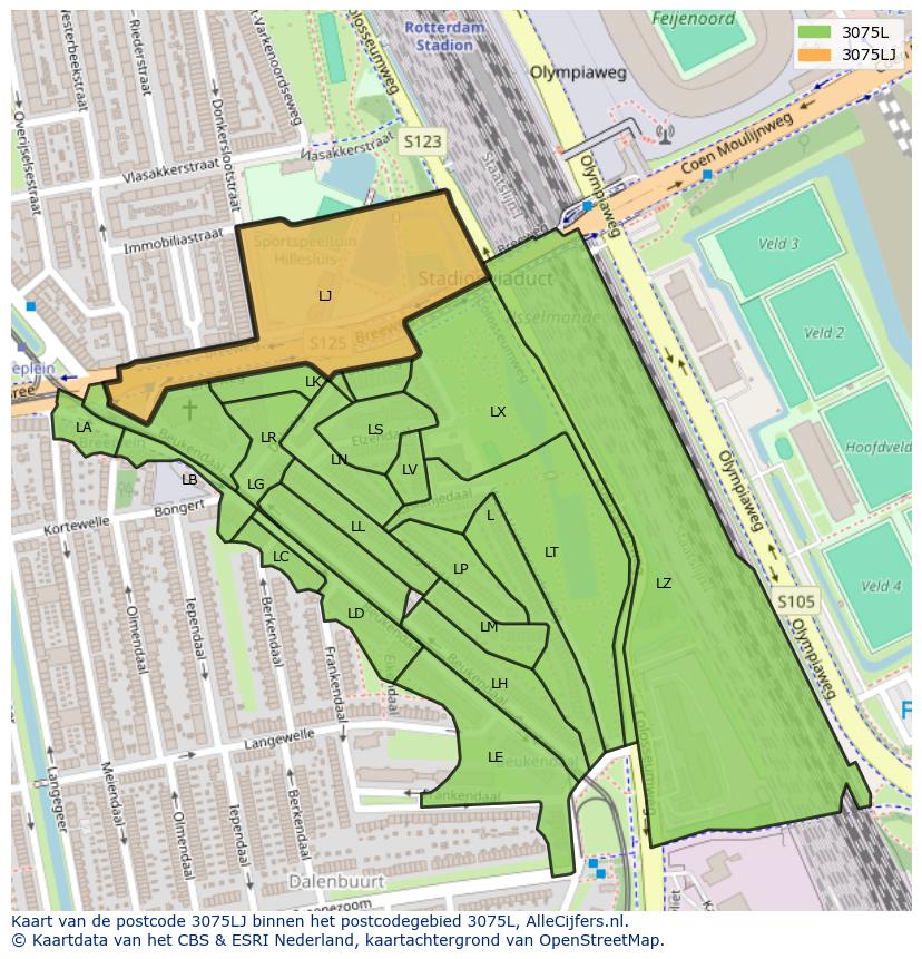 Afbeelding van het postcodegebied 3075 LJ op de kaart.