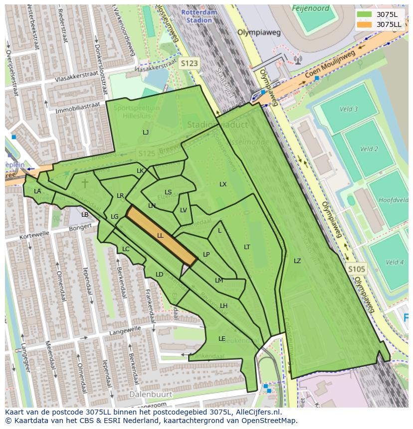 Afbeelding van het postcodegebied 3075 LL op de kaart.