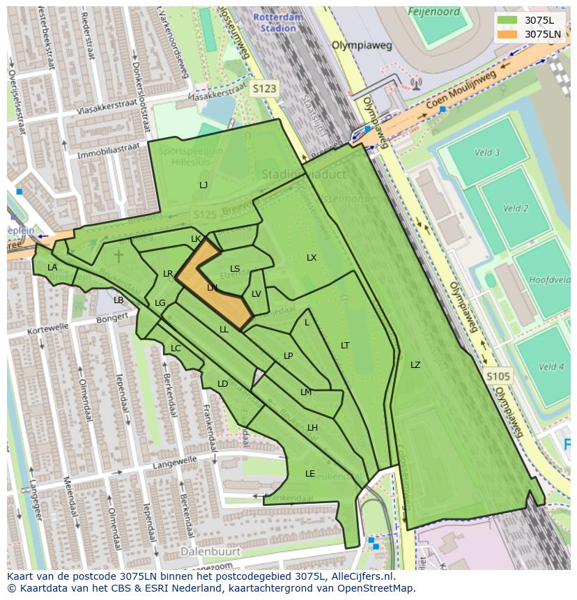 Afbeelding van het postcodegebied 3075 LN op de kaart.