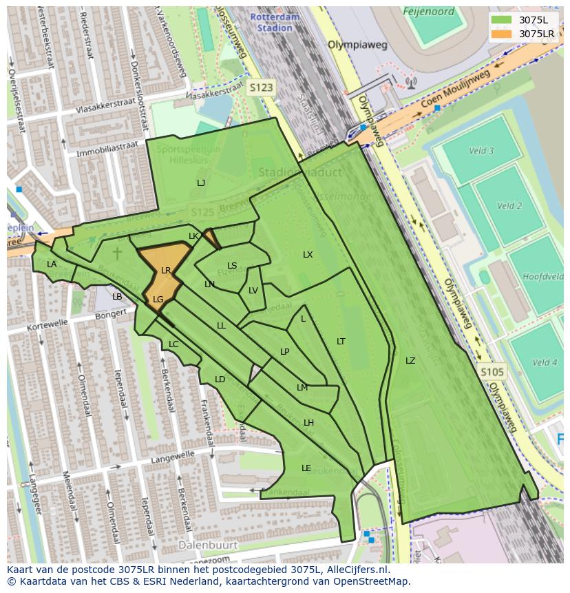 Afbeelding van het postcodegebied 3075 LR op de kaart.