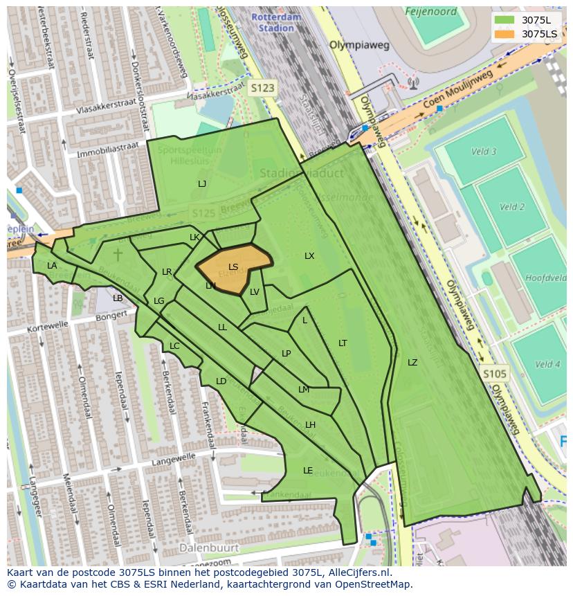 Afbeelding van het postcodegebied 3075 LS op de kaart.