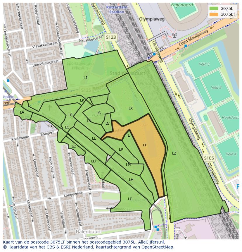 Afbeelding van het postcodegebied 3075 LT op de kaart.