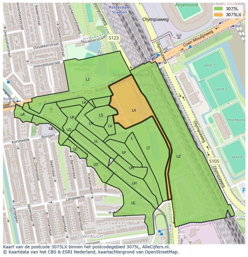 Afbeelding van het postcodegebied 3075 LX op de kaart.