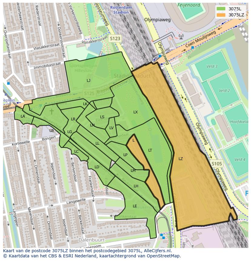 Afbeelding van het postcodegebied 3075 LZ op de kaart.