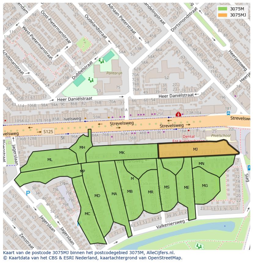 Afbeelding van het postcodegebied 3075 MJ op de kaart.