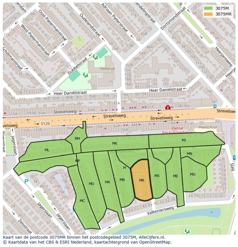 Afbeelding van het postcodegebied 3075 MR op de kaart.
