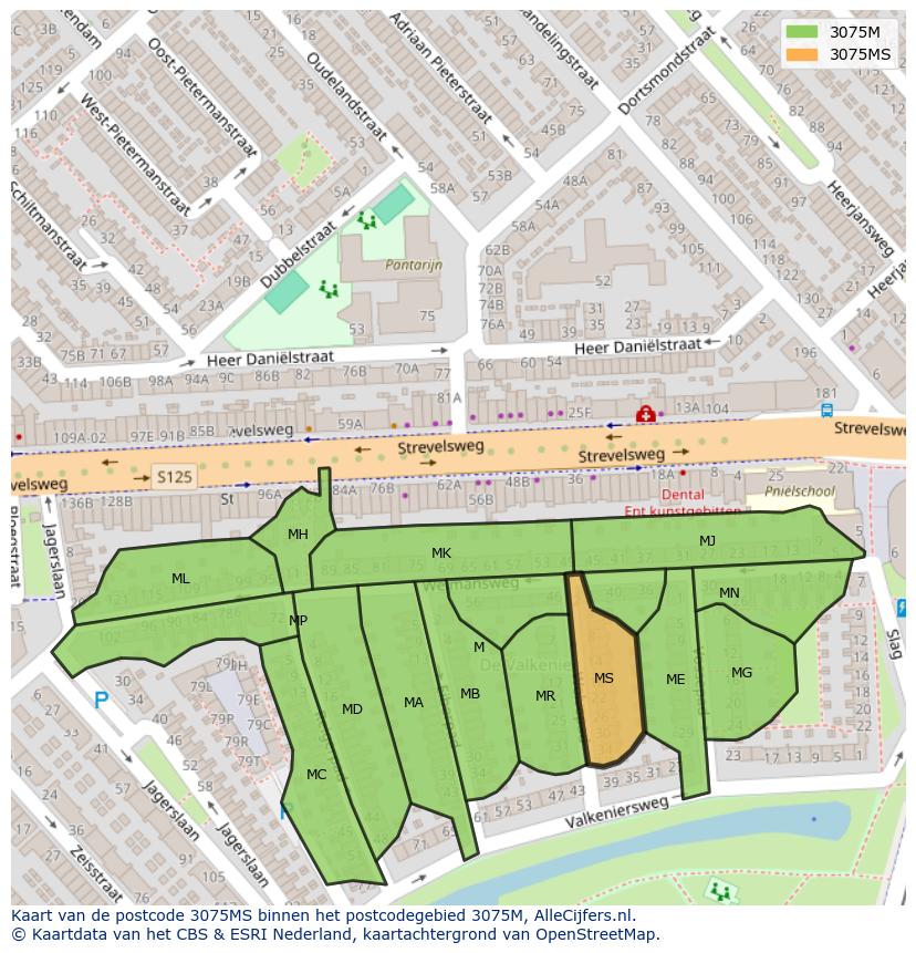 Afbeelding van het postcodegebied 3075 MS op de kaart.