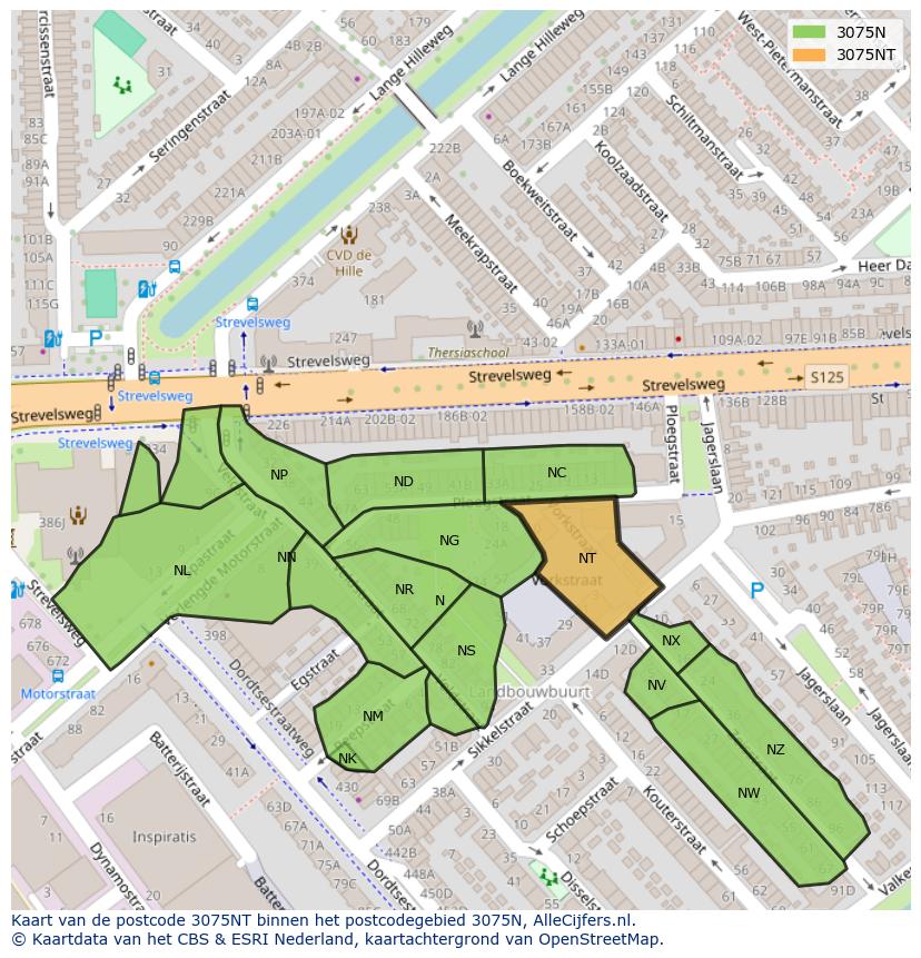 Afbeelding van het postcodegebied 3075 NT op de kaart.