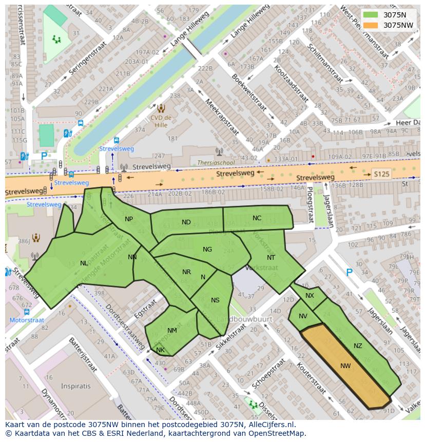 Afbeelding van het postcodegebied 3075 NW op de kaart.
