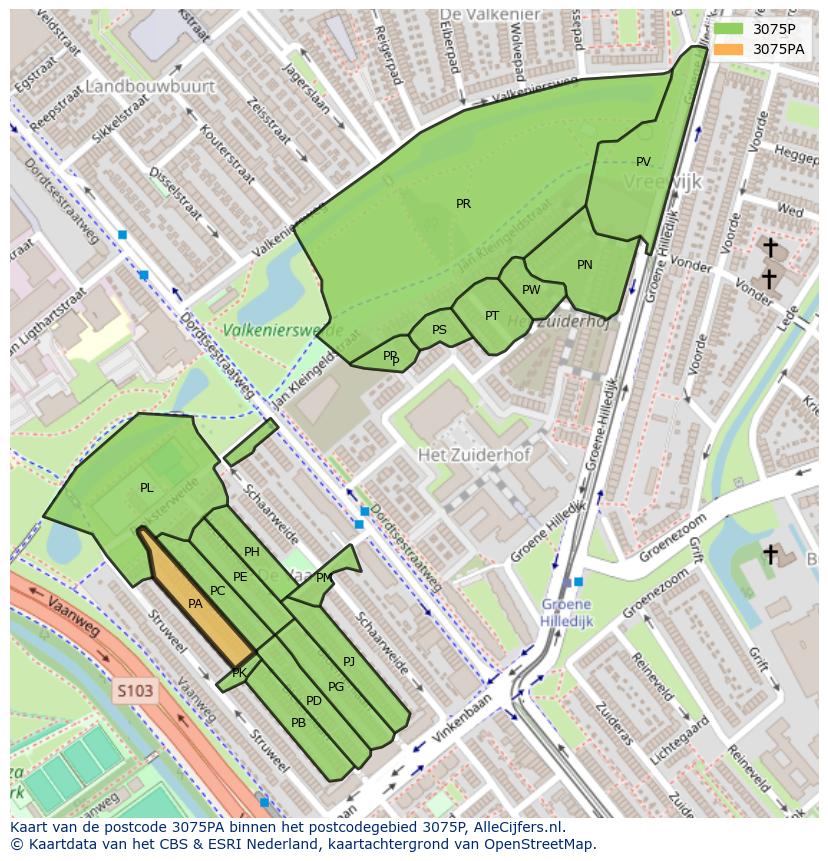 Afbeelding van het postcodegebied 3075 PA op de kaart.