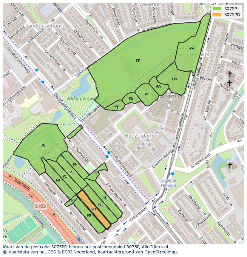 Afbeelding van het postcodegebied 3075 PD op de kaart.