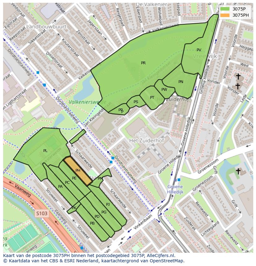 Afbeelding van het postcodegebied 3075 PH op de kaart.